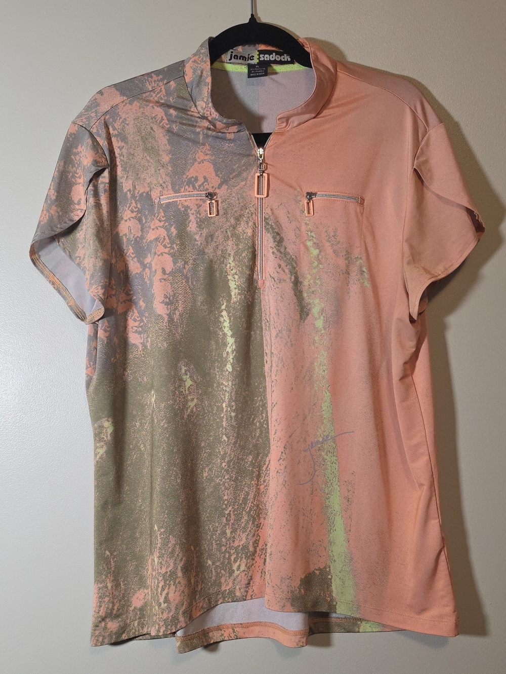 jamie sadock Peach and Olive Short Sleeve Golf Polo with Zip Pockets
